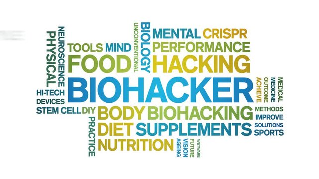 Biohacker animated word cloud;text design animation tag kinetic typography seamless loop.