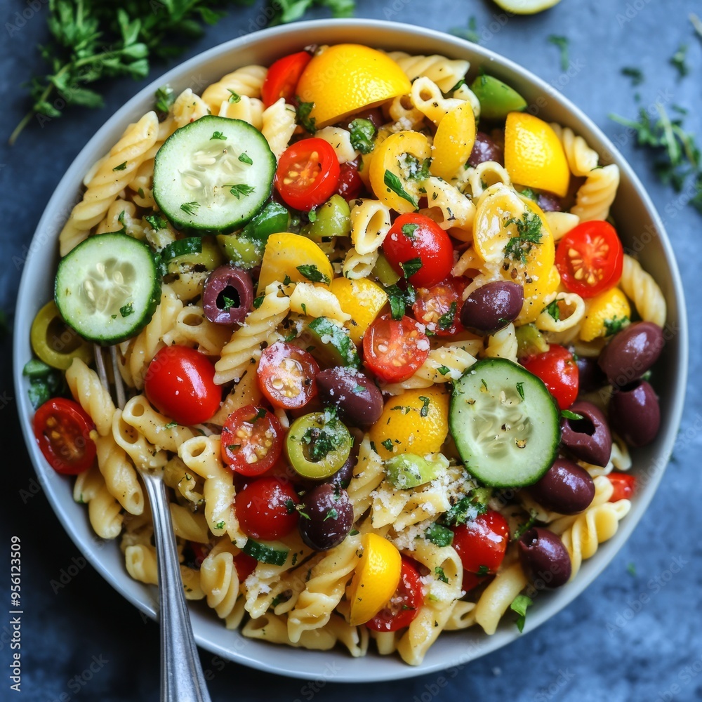 Sticker A bowl of pasta salad with tomatoes, cucumbers, olives, and herbs.