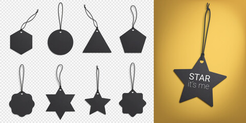 A set of realistic black price tags on a transparent background. Cardboard labels with a thread. Gift labels on a rope.  Vector illustration. EPS 10.