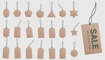 A set of realistic recycled paper price tags on a gray background. Cardboard labels with a thread. Gift tags. Vector illustration. EPS 10.