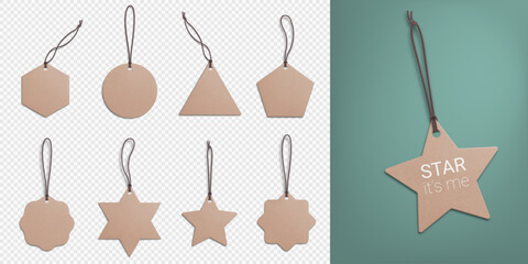 A set of realistic recycled paper price tags on a transparent background. Cardboard labels with a thread. Gift tags. Vector illustration. EPS 10.