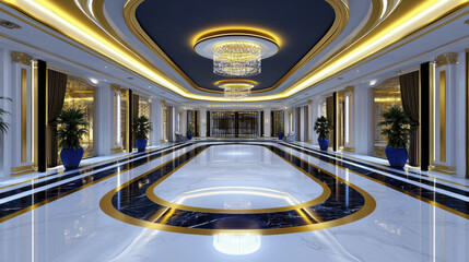 A glamorous and opulent ballroom setting featuring elegant chandeliers, polished marble floors, and decorative plants, creating luxurious atmosphere.