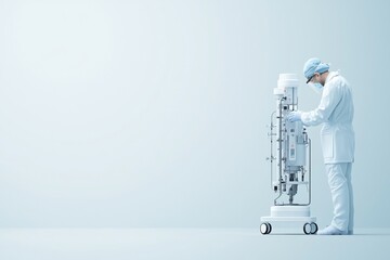 Medical Professional Operating Anesthesia Machine in Clean Graphic Setting with Copy Space