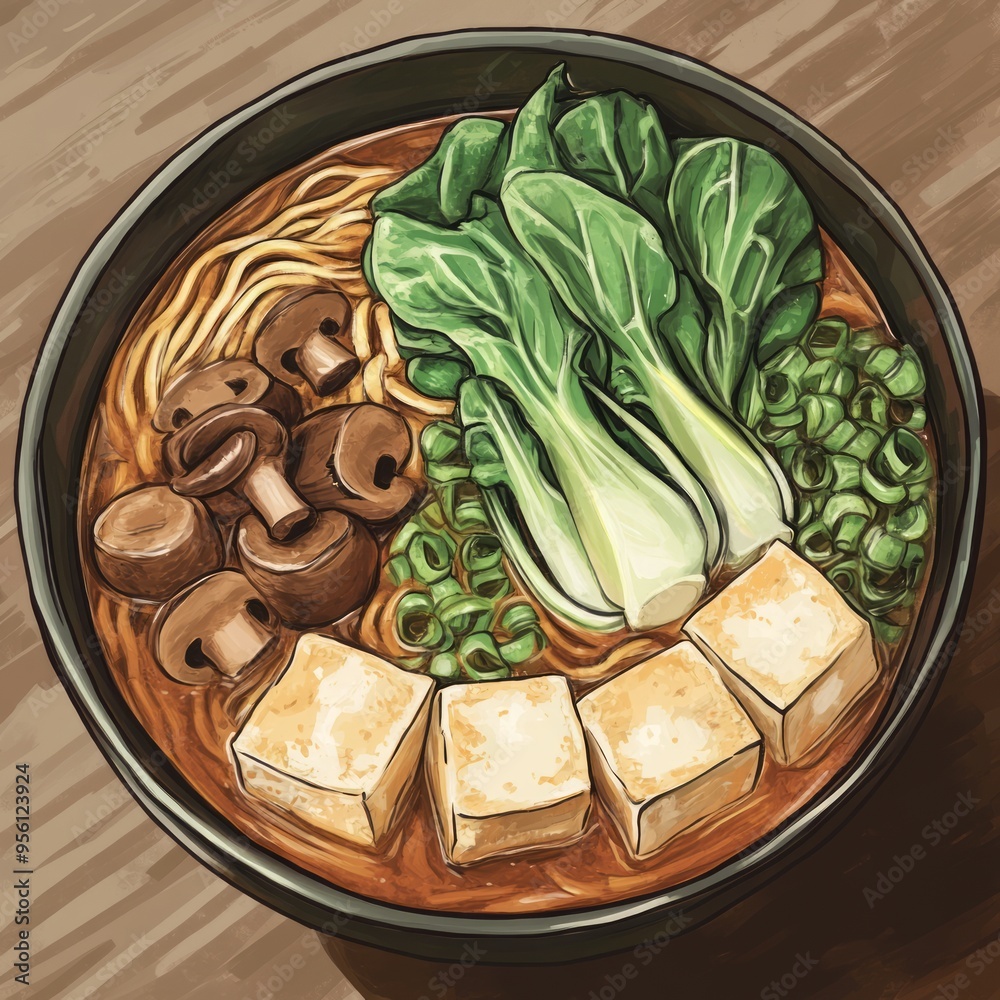 Sticker A bowl of ramen with mushrooms, tofu, bok choy, and scallions.