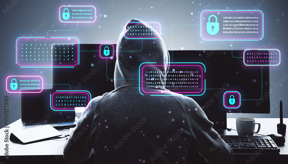 Leinwandbilder Baack view of hacker using computers at desk with creative encrypted code hologram on blurry background. Blockchain network and technology concept. Double exposure.