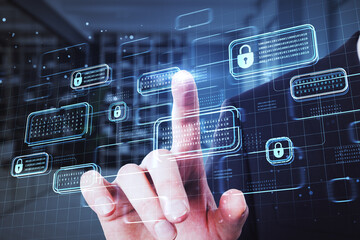 Close up of businessman hand using creative encrypted code hologram on blurry office background. Blockchain network and technology concept. Double exposure.