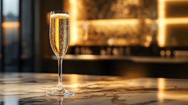 A beautifully crafted crystal glass filled with sparkling champagne, elegantly placed on a luxurious marble countertop with soft, ambient lighting in the background