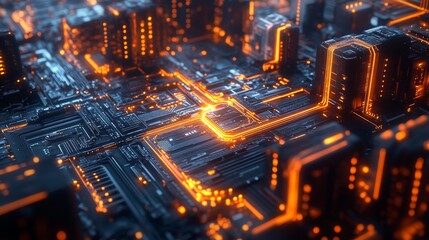 Obraz premium Massive city infrastructure intertwined with copper boards, forming a network of gleaming pathways on towering structures, dusk setting with cool blue and orange hues, Futuristic, 3D render