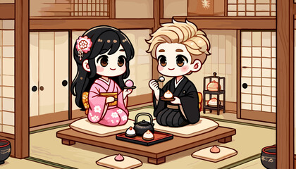 Concept of an image of a foreign tourist experiencing a tea ceremony. Vector illustration.