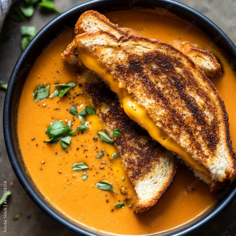 Poster A bowl of tomato soup with a grilled cheese sandwich.