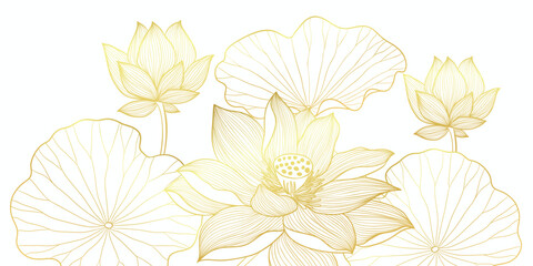 Luxury gold line art autumn leaf background vector. Natural botanical elegant foliage with lotus flower, lotus leaf. Design illustration for decoration, wall decor, wallpaper, cover, banner, card.
