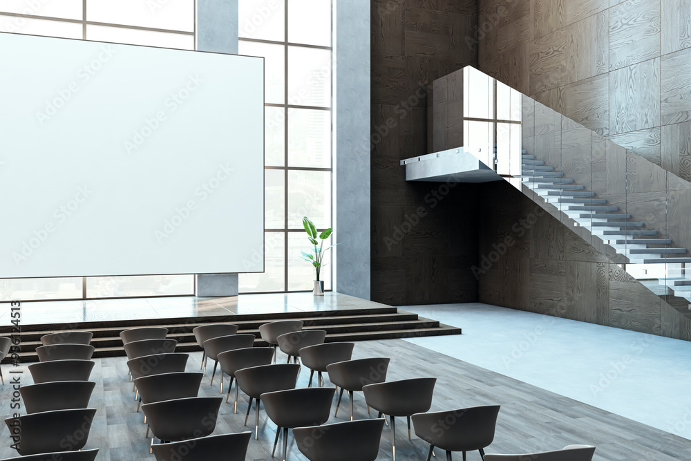 Poster Bright auditorium with windows and city view, mock up place. Education and lecture concept. 3D Rendering.