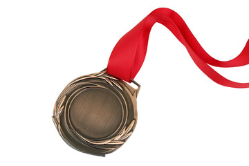 Bronze medal with red ribbon isolated on white background.	