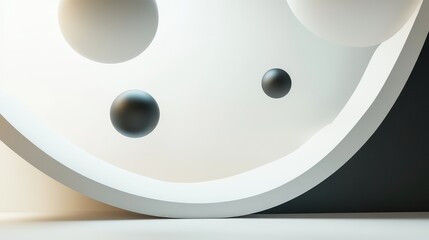 Abstract floating shapes in shades of white and black, suspended in a void, creating a stark, minimalist design