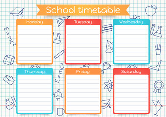 School timetable. Weekly time table with lessons. Student plan template. Schedule for kids on checkered paper with linear school icons. Vector illustration. Educational classes diary on English, A4.