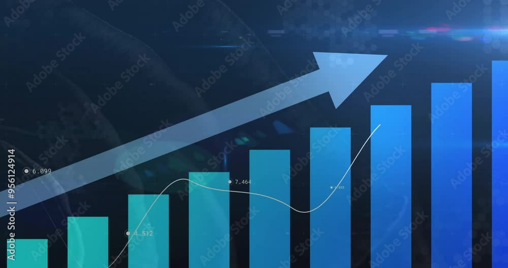 Poster rising bar chart with upward arrow and data points animation