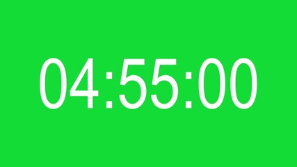 Five minutes countdown timer with milliseconds on green screen, chroma key. Can be edited to 4, 3, 2, and 1 minutes