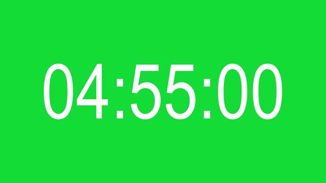 Five minutes countdown timer with milliseconds on green screen, chroma key. Can be edited to 4, 3, 2, and 1 minutes