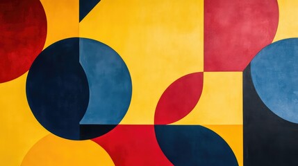 Abstract geometric shapes in bold primary colors, arranged in a balanced, symmetrical pattern, creating a modern, minimalistic design