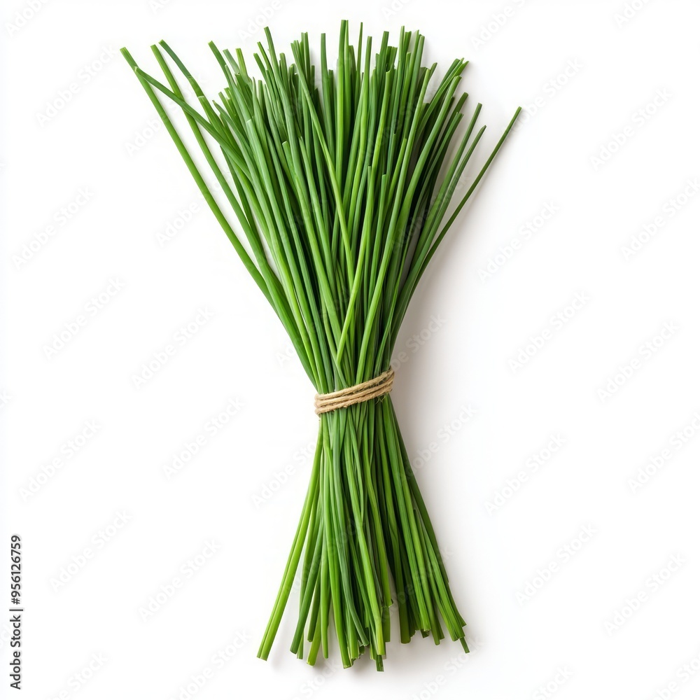 Canvas Prints A bunch of fresh chives tied with a rubber band on a white background.