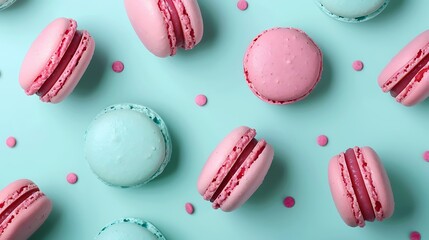 Obraz premium Macarons or french dessert macarons on a turquoise backdrop seen from above