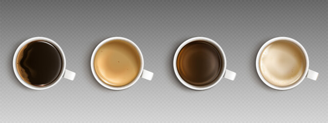 Coffee cup top view. 3d cappuccino mug isolated vector. Tea, espresso and milk drink for cafe menu realistic icon design set. Americano for breakfast or capuccino on break in porcelain white teacup