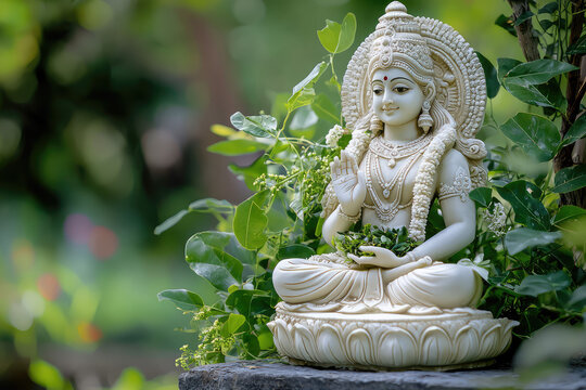 Serene Earth Goddess Bhumi: A White Stone Sculpture Embracing Nature's Grace