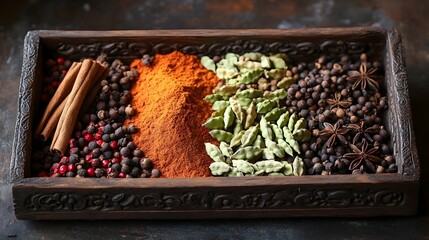 Fototapeta premium Vibrant Assortment of Fragrant East African Spices on Rustic Tray