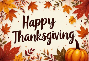 Happy Thanksgiving Greeting Card with Autumn Leaves and Pumpkin