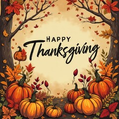 Happy Thanksgiving with Autumn Leaves and Pumpkins