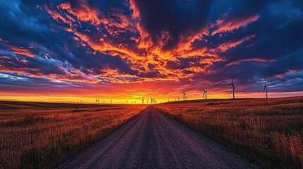 A landscape photograph of an expansive, open field with wind turbines in the distance under dramatic sunset clouds