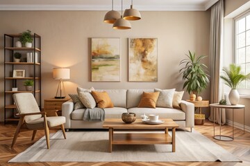 Fototapeta premium Beige furniture and abstract artwork come together in a harmonious synergy, creating a cozy living room that subtly