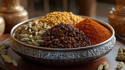 Vibrant Fragrant Indian Spices Displayed in a Rustic Metal Dish