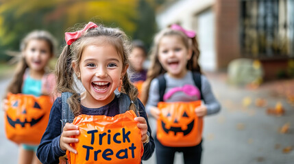 Fototapeta premium Excited Kids in Halloween Costumes Trick or Treating