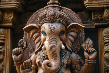 Intricately Carved Ganesha: A Wooden Masterpiece of Hindu Deity
