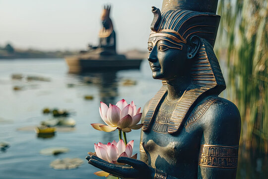 Serene Hapi, God of the Nile, Holds Lotus Blossoms, a Symbol of Life and Rebirth