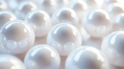 A close-up illustration of shiny, white spheres arranged on a soft surface with gentle lighting