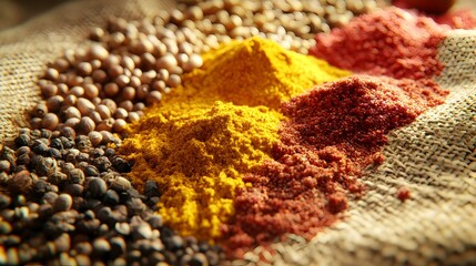 Vibrant Spice Mix Spread Out on Burlap Cloth Culinary Background