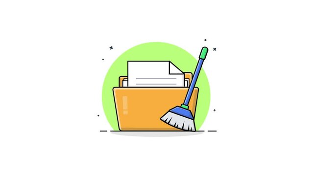 4k Folder with Broom. Data Cleaning Concept Animation Video 