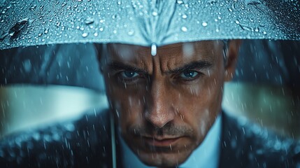 Businessman holding an umbrella under falling interest rates, economic storm metaphor