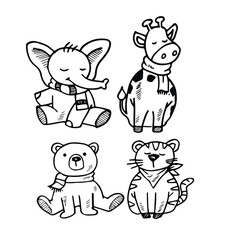 cute and adorable forest animals with scarves hand drawn sketch 