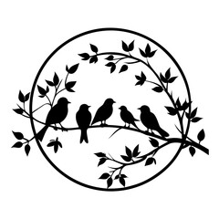 Birds On Branch Round silhouette white background