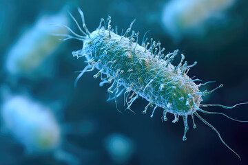 Fototapeta premium A Single, Filamentous Bacterium, Its Surface Bristling with Numerous Appendages, Swims Through a Blurred Blue Background.