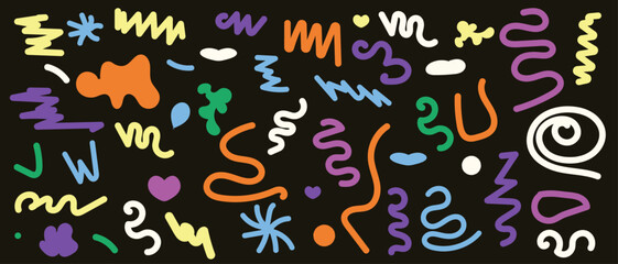 Colorful abstract swirls and shapes in a playful pattern on a black background. Cute cartoon doodles.