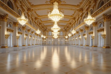 Obraz premium An opulent ballroom featuring crystal chandeliers, golden walls, and polished floors