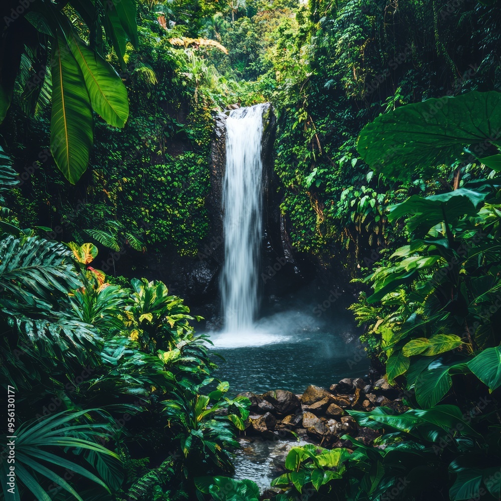 Canvas Prints A cascading waterfall flows through lush green foliage in a tropical rainforest.