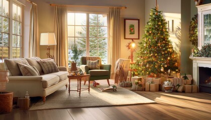 Obraz premium 1950s Suburban Christmas Morning A cozy suburban home on Christmas morning with a vintage living room scene, retro toys under the tree, children in pajamas unwrapping gifts, and a warm golden glow fro