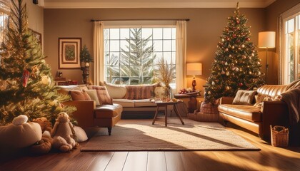 1950s Suburban Christmas Morning
A cozy suburban home on Christmas morning with a vintage living room scene, retro toys under the tree, children in pajamas unwrapping gifts, and a warm golden glow fro