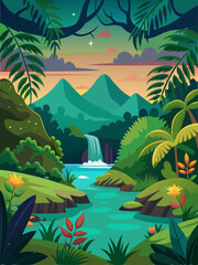 A Waterfall Flows Through a Lush Tropical Forest