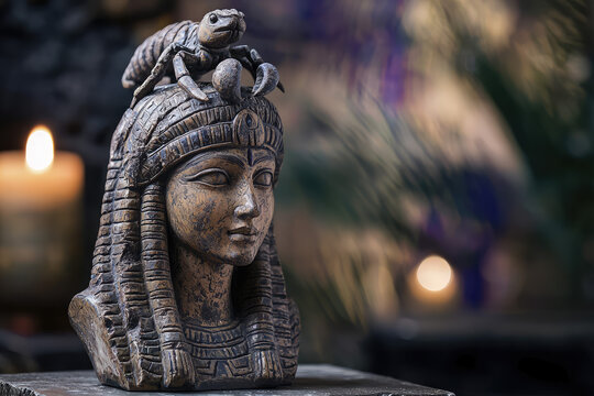 Serket, the Scorpion Goddess: A Serene Bronze Effigy in a Mystical Setting.